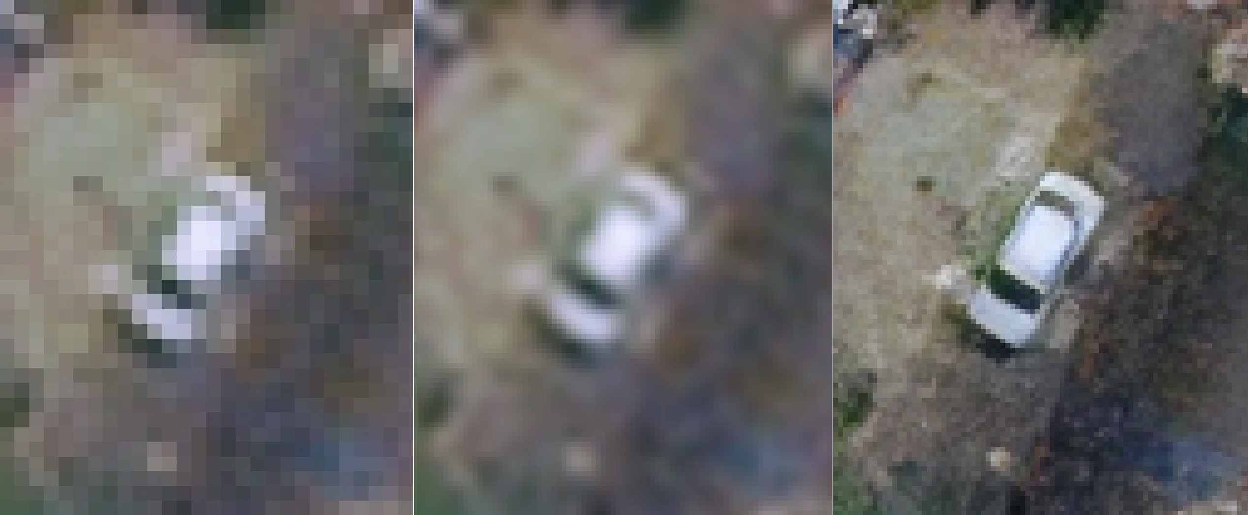 WorldView-3 30 cm enhancement comparison: nearest, bicubic, Clarsat HD10